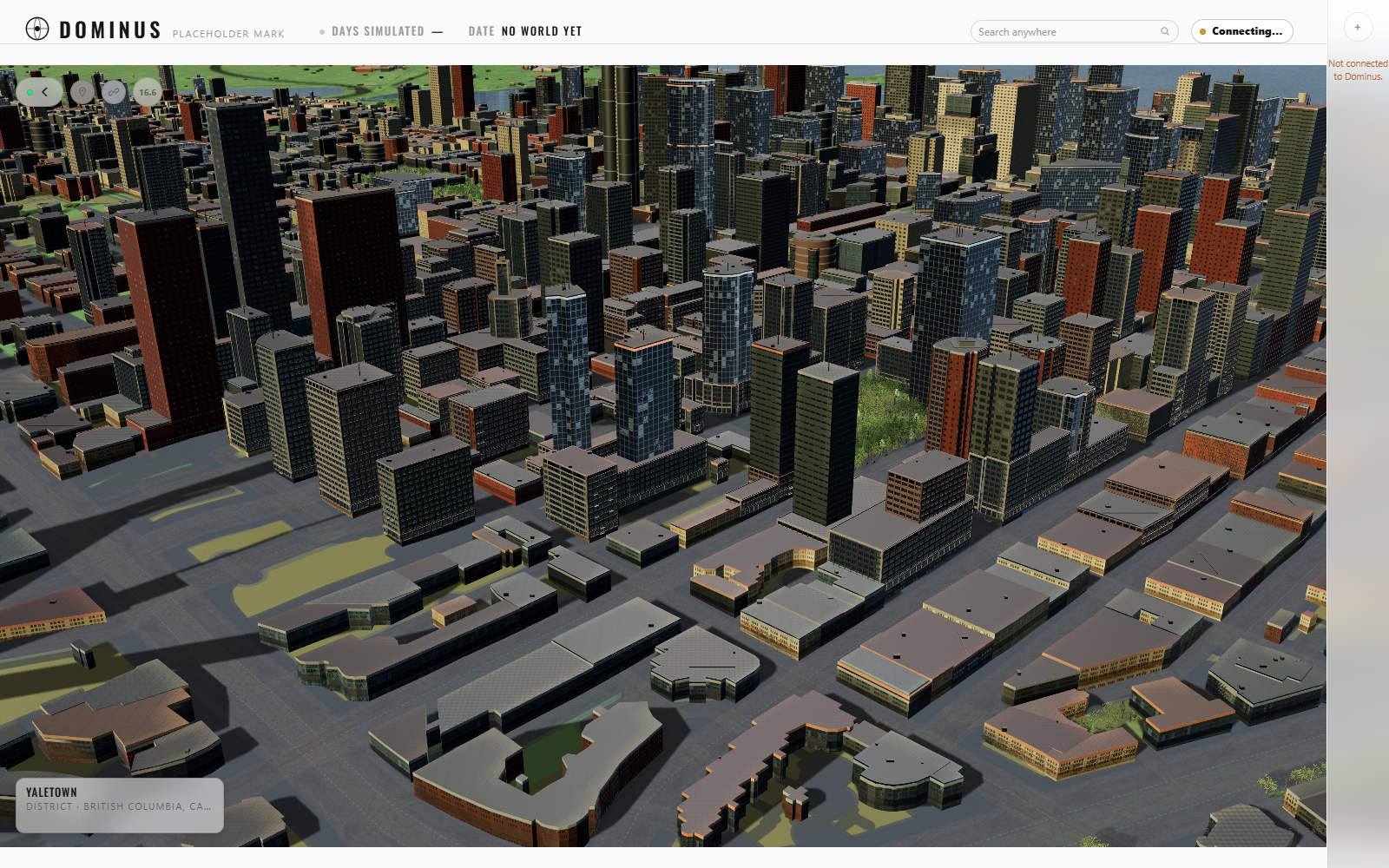 Vancouver before the correction, with waterfront towers reduced to low blocks after moving the camera.